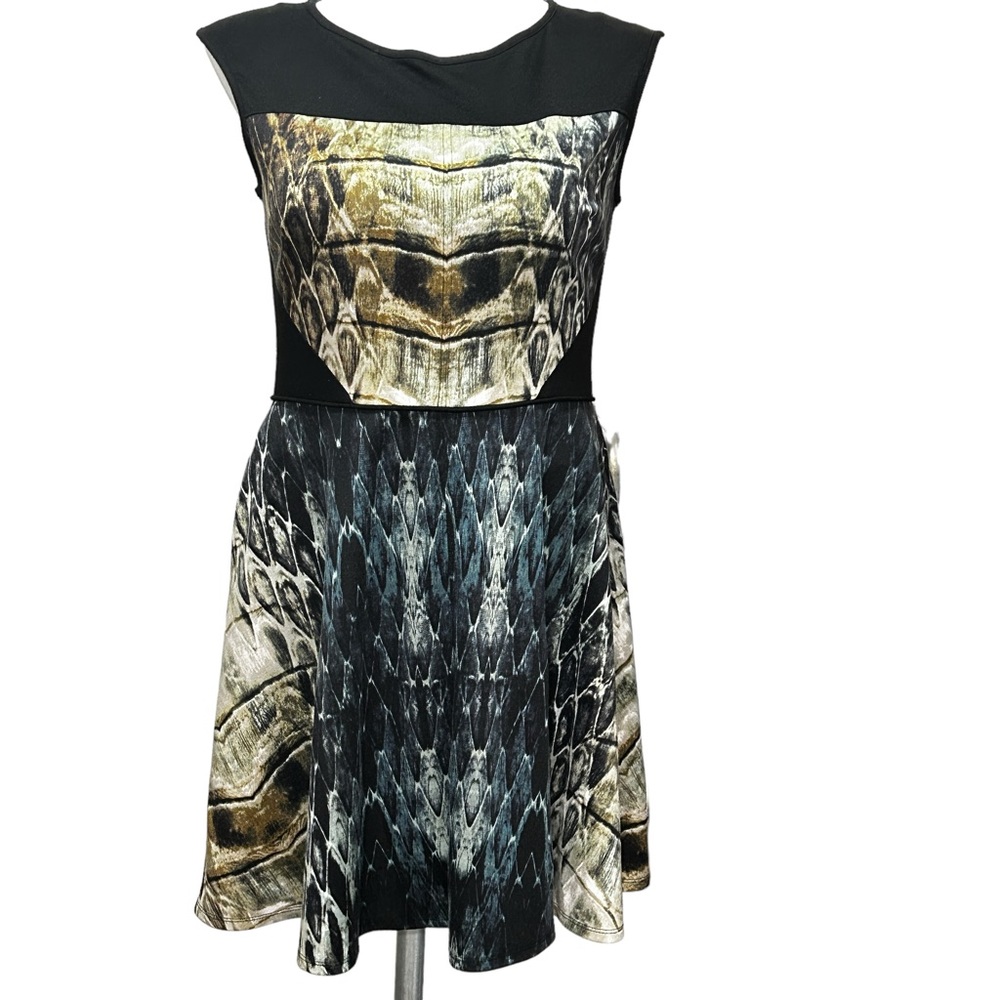 Vince Camuto Black and Gold Snake-Print Fit & Flare Dress